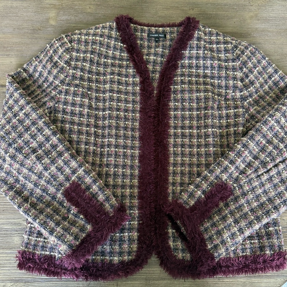 Elegant Women's Tweed Blazer with Rich Purple Accents